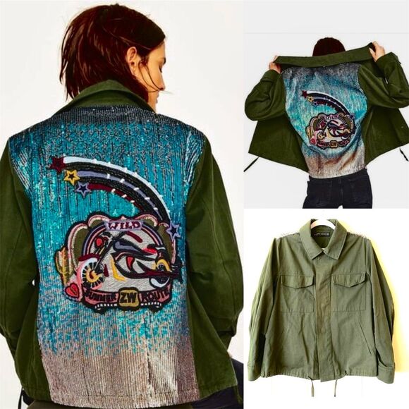 Zara Jackets & Blazers - Zara Women's Military Jacket L Green Sequin Back Eye-Catching Design